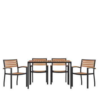 Flash Furniture Lark 5 Piece Outdoor Dining Table Set with 4 Club Chairs, 30 in x 48 in Steel Framed Table with Umbrella Hole