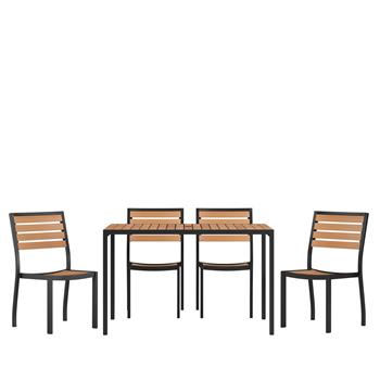 Flash Furniture Lark 5 Piece Patio Table Set with 4 Stackable Faux Chairs, 30 in x 48 in Steel Framed Table