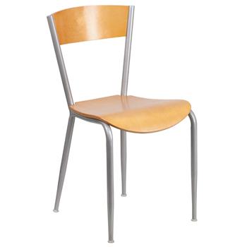 Flash Furniture Invincible Series Silver Metal Restaurant Chair, Natural Wood Back &amp; Seat