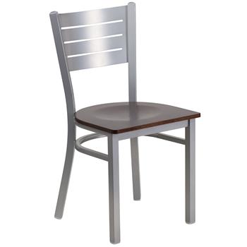 Flash Furniture HERCULES Series Silver Slat Back Metal Restaurant Chair - Walnut Wood Seat