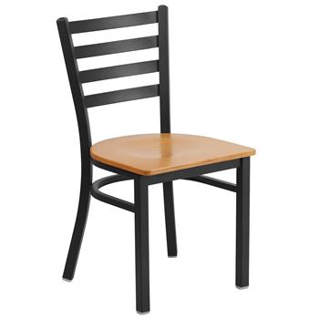 Flash Furniture HERCULES Series Black Ladder Back Metal Restaurant Chair - Natural Wood Seat