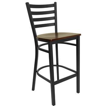 Flash Furniture HERCULES Series Black Ladder Back Metal Restaurant Barstool, Mahogany Wood Seat