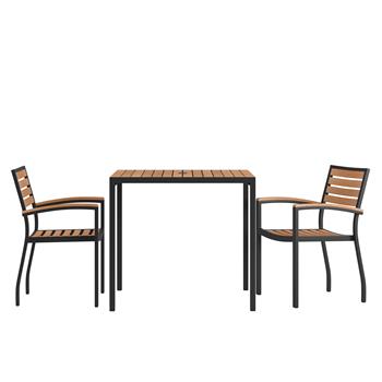 Flash Furniture Lark 3 Piece Outdoor Dining Table Set with 2 Club Chairs, 35 in Square Steel Framed Table with Umbrella Hole