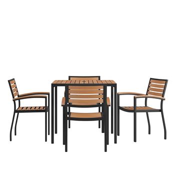 Flash Furniture Lark 5 Piece Outdoor Dining Table Set with 4 Club Chairs, 35 in Square Table with Umbrella Hole