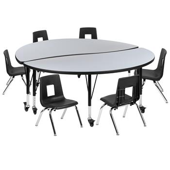 Flash Furniture Mobile 60&quot; Circle Wave Laminate Activity Table With 12&quot; Student Stack Chairs, Grey/Black
