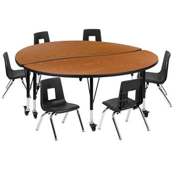 Flash Furniture Mobile 60&quot; Circle Wave Laminate Activity Table With 12&quot; Student Stack Chairs, Oak/Black