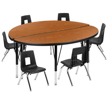 Flash Furniture 47.5&quot; Circle Wave Laminate Activity Table With 12&quot; Student Stack Chairs, Oak/Black