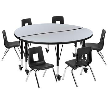 Flash Furniture Mobile 47.5&quot; Circle Wave Laminate Activity Table With 12&quot; Student Stack Chairs, Grey/Black