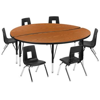 Flash Furniture 60&quot; Circle Wave Laminate Activity Table With 12&quot; Student Stack Chairs, Oak/Black