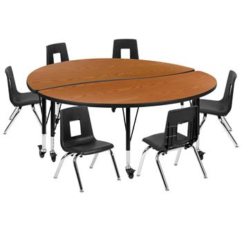 Flash Furniture Mobile 60&quot; Circle Wave Laminate Activity Table With 14&quot; Student Stack Chairs, Oak/Black