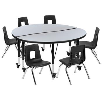 Flash Furniture Mobile 47.5&quot; Circle Wave Laminate Activity Table With 14&quot; Student Stack Chairs, Grey/Black