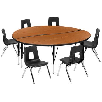 Flash Furniture 60&quot; Circle Wave Laminate Activity Table With 14&quot; Student Stack Chairs, Oak/Black