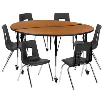 Flash Furniture Mobile 60&quot; Circle Wave Laminate Activity Table With 16&quot; Student Stack Chairs, Oak/Black