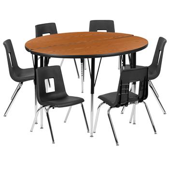 Flash Furniture 47.5&quot; Circle Wave Laminate Activity Table With 16&quot; Student Stack Chairs, Oak/Black