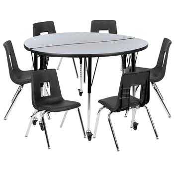 Flash Furniture Mobile 47.5&quot; Circle Wave Laminate Activity Table With 16&quot; Student Stack Chairs, Grey/Black