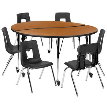 Flash Furniture Mobile 60&quot; Circle Wave Laminate Activity Table With 18&quot; Student Stack Chairs, Oak/Black
