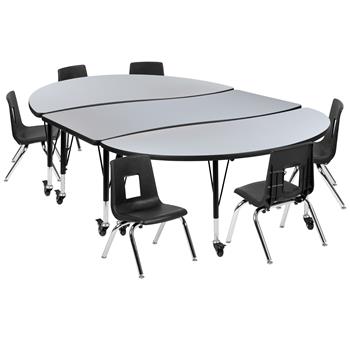 Flash Furniture Mobile 86&quot; Oval Wave Laminate Activity Table With 12&quot; Student Stack Chairs, Grey/Black