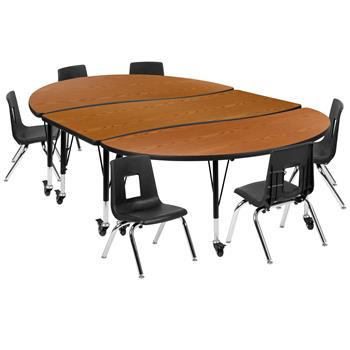 Flash Furniture Mobile 86&quot; Oval Wave Laminate Activity Table With 12&quot; Student Stack Chairs, Oak/Black