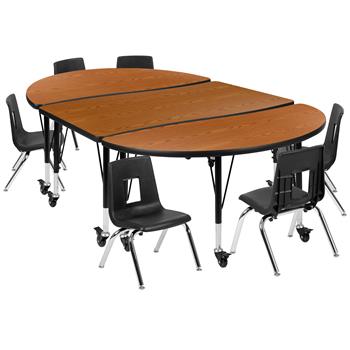 Flash Furniture Mobile 76&quot; Oval Wave Laminate Activity Table With 14&quot; Student Stack Chairs, Oak/Black