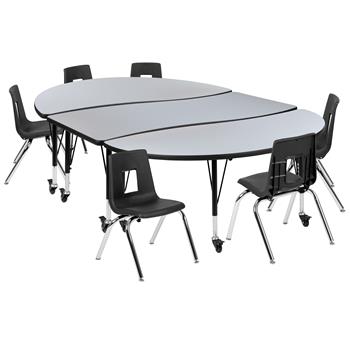 Flash Furniture Mobile 86&quot; Oval Wave Laminate Activity Table With 14&quot; Student Stack Chairs, Grey/Black