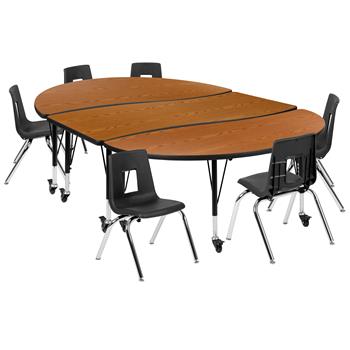 Flash Furniture Mobile 86&quot; Oval Wave Laminate Activity Table With 14&quot; Student Stack Chairs, Oak/Black