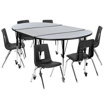 Flash Furniture Mobile 76&quot; Oval Wave Laminate Activity Table With 16&quot; Student Stack Chairs, Grey/Black