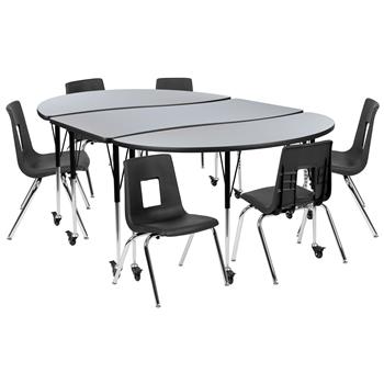 Flash Furniture Mobile 86&quot; Oval Wave Laminate Activity Table With 16&quot; Student Stack Chairs, Grey/Black