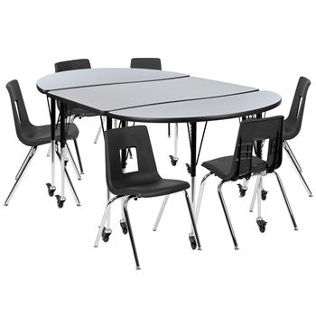 Flash Furniture Mobile 76&quot; Oval Wave Laminate Activity Table With 18&quot; Student Stack Chairs, Grey/Black