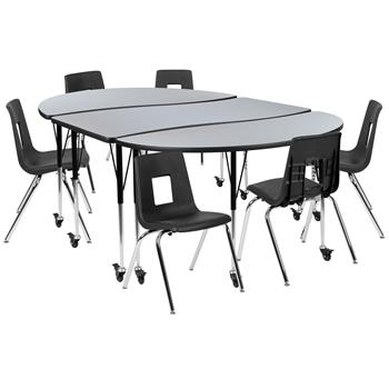 Flash Furniture Mobile 86&quot; Oval Wave Laminate Activity Table With 18&quot; Student Stack Chairs, Grey/Black