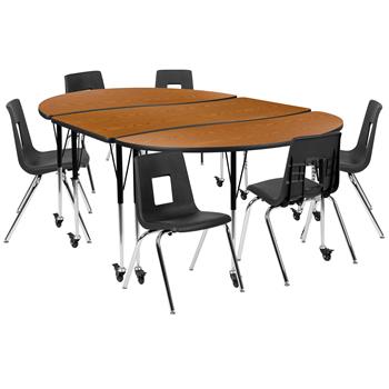 Flash Furniture Mobile 86&quot; Oval Wave Laminate Activity Table With 18&quot; Student Stack Chairs, Oak/Black