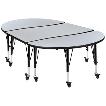 Flash Furniture 3-Piece Mobile 76&quot; Short-Leg Height Adjustable Oval Wave Activity Table, Thermal Laminate, Grey