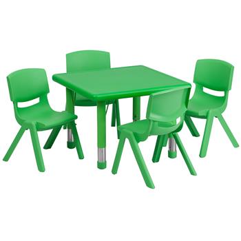 Flash Furniture Emmy Square Plastic Activity Table Set with 4 Chairs, 24 in, Height Adjustable, Green