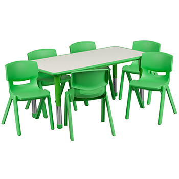 Flash Furniture 23.625&#39;&#39;W x 47.25&#39;&#39;L Rectangular Green Plastic Height Adjustable Activity Table Set with 6 Chairs