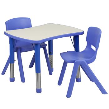 Flash Furniture Emmy Rectangular Plastic Activity Table Set with 2 Chairs, 21-7/8 in W x 26-5/8 in L, Height Adjustable, Blue