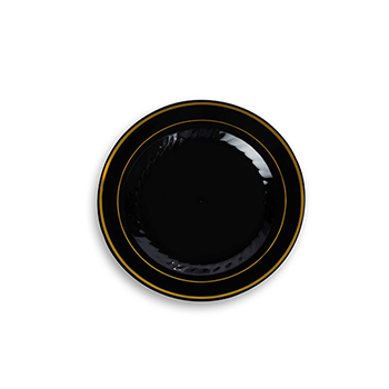 Fineline Round Plates, 7 1/2&quot;, Black and Gold, 150 Plates/Case