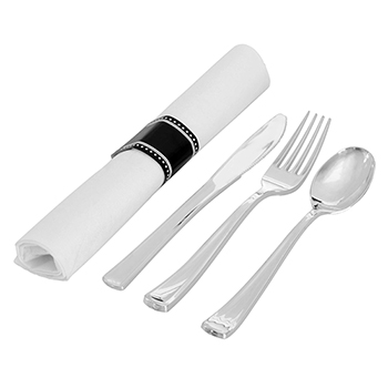 Fineline&#174; Disposable Cutlery Catering Kit, w/ Rolled Napkin (17 1/2&quot; x 15 1/2&quot;), Fork, Spoon, Knife, Heavyweight, Silver, 100/CS