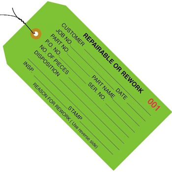 W.B. Mason Co. Inspection Tags, Pre-Wired, Repairable or Rework, 4 3/4&quot; x 2 3/8&quot;, Green, 1000/CS