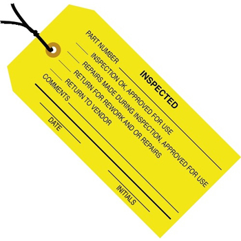 W.B. Mason Co. Inspection Tags, Pre-Strung, InspecteD, 4 3/4&quot; x 2 3/8&quot;, Yellow, 1000/CS