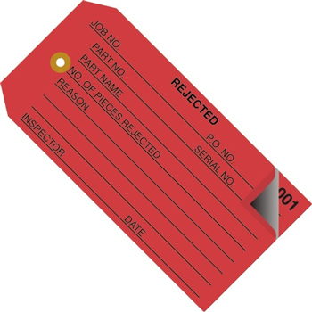 W.B. Mason Co. 2-Part Inspection Tags, Numbered 000-499, Rejected, 4 3/4&quot; x 2 3/8&quot;, Red, 500/Case