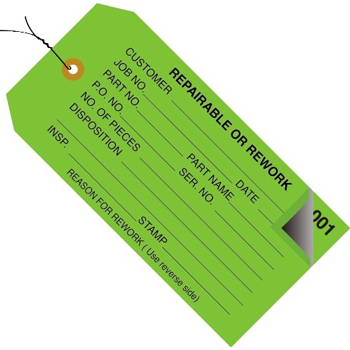 W.B. Mason Co. 2-Part Inspection Tags, Numbered 000-499, Pre-Wired, Repairable or Rework, 4 3/4&quot; x 2 3/8&quot;, Green, 500/Case