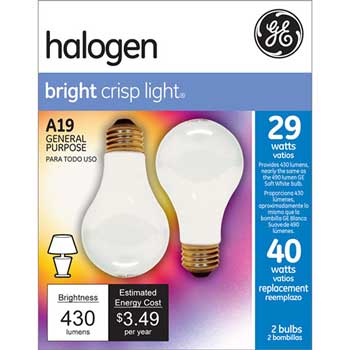 GE Halogen Bulb, A19, 29 W, 430 lm, Soft White, 2/PK