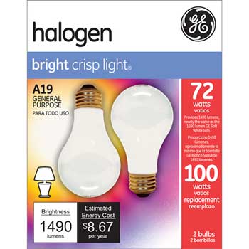 GE Halogen Bulb, A19, 72 W, 1270 lm, Soft White, 2/PK