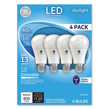 GE LED Daylight A19 Dim Light Bulb, 5.13&quot; x 2.5&quot;, 10W, 4/Pack