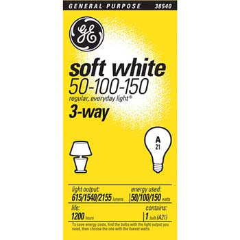 GE Incandescent Bulb, A21, 50/100/150 W, 615 lm/1540 lm/2155 lm, Soft White