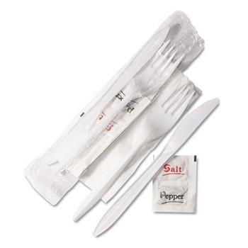 GEN Wrapped Cutlery Kit, 6.25&quot;, Fork/Knife/Napkin/Salt/Pepper, Polypropylene, White, 500/Carton