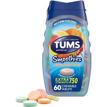 TUMS Smoothies Extra Strength Antacid Chewable Tablet, Assorted Fruit, 60 Tablets