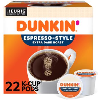 Dunkin&#39; Espresso Style K-Cup Pods, Extra Dark Roast Coffee, 4 Boxes of 22 Pods, 88/Carton