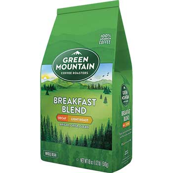 Green Mountain Coffee Whole Bean Coffee, Breakfast Blend Decaf, 18 oz., 6/CS