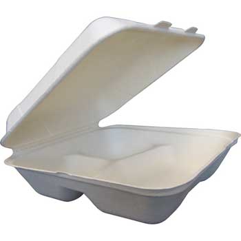 Green Wave Microweavable Biodegradable Take-Out Container, 3 Compartments, Bagasse, Square, 9&quot; L x 9&quot; W x 3&quot; H, White, 300/Carton