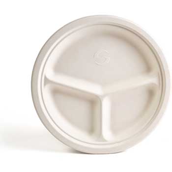 Green Wave 3 Compartment Round Plates, Bagasse, 10&quot;, White, 500 Plates/Carton